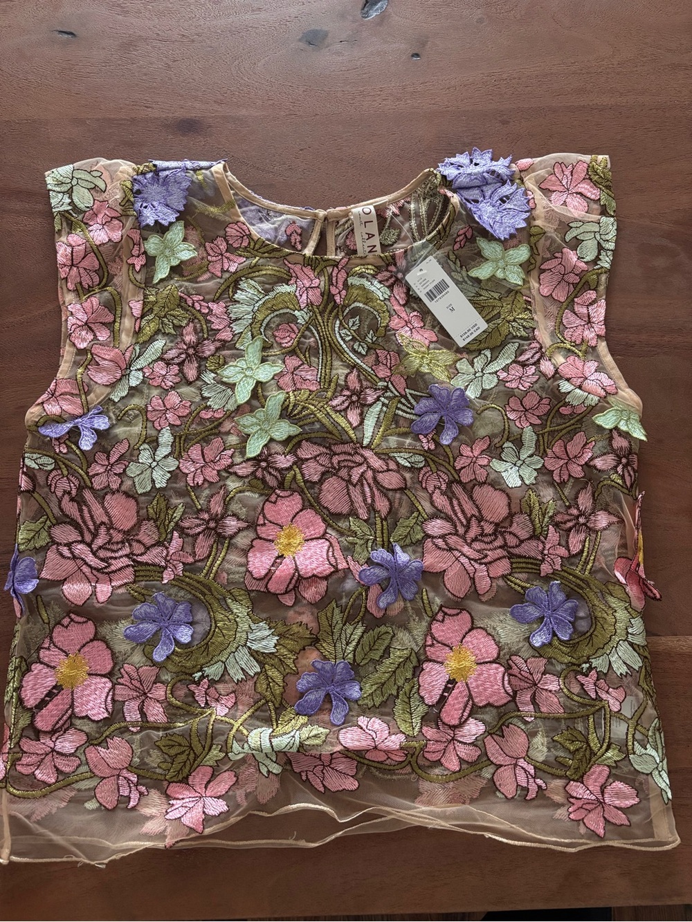 Anthropologie Sheer Floral Embroidered Cap-Sleeve Blouse in Pink and Green - Picture 3 of 4